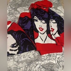 Red and Purple Comic Graphic Knit Sweater Jogging Set with hood and pockets.